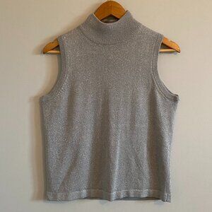 Vintage 90s Sparkling Knit Sleeveless Turtleneck Sweater Grey Metallic Glitter